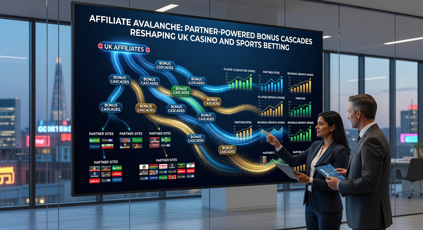Visual cascade of affiliate bonuses flooding UK casino interfaces with tiered rewards and partner exclusives