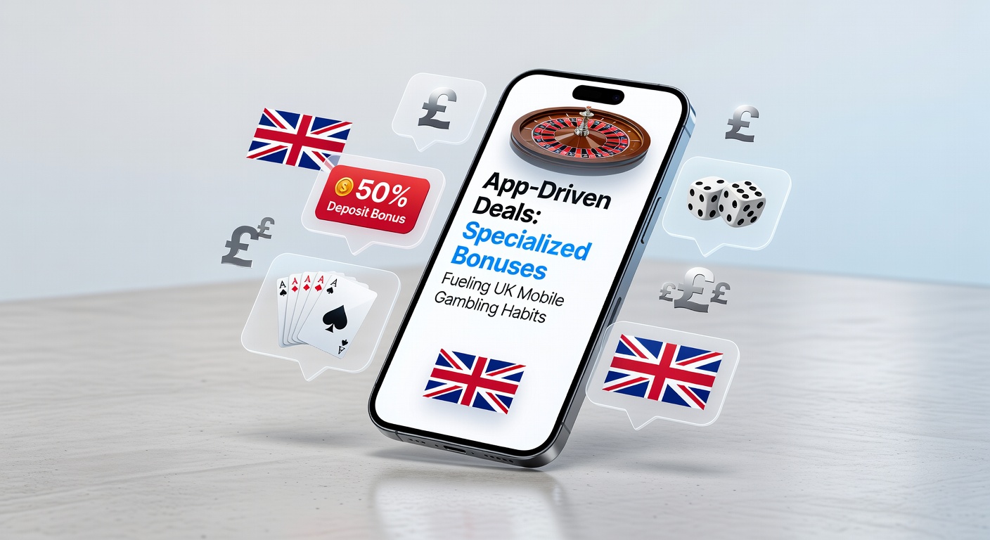 Smartphone screen showing a mobile gambling app interface with exclusive app bonus notifications and spinning reels in the background