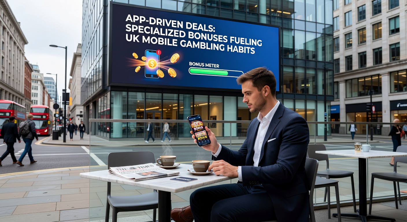 Graph illustrating the growth of UK mobile gambling app usage overlaid with icons of bonus notifications and rising deposit charts