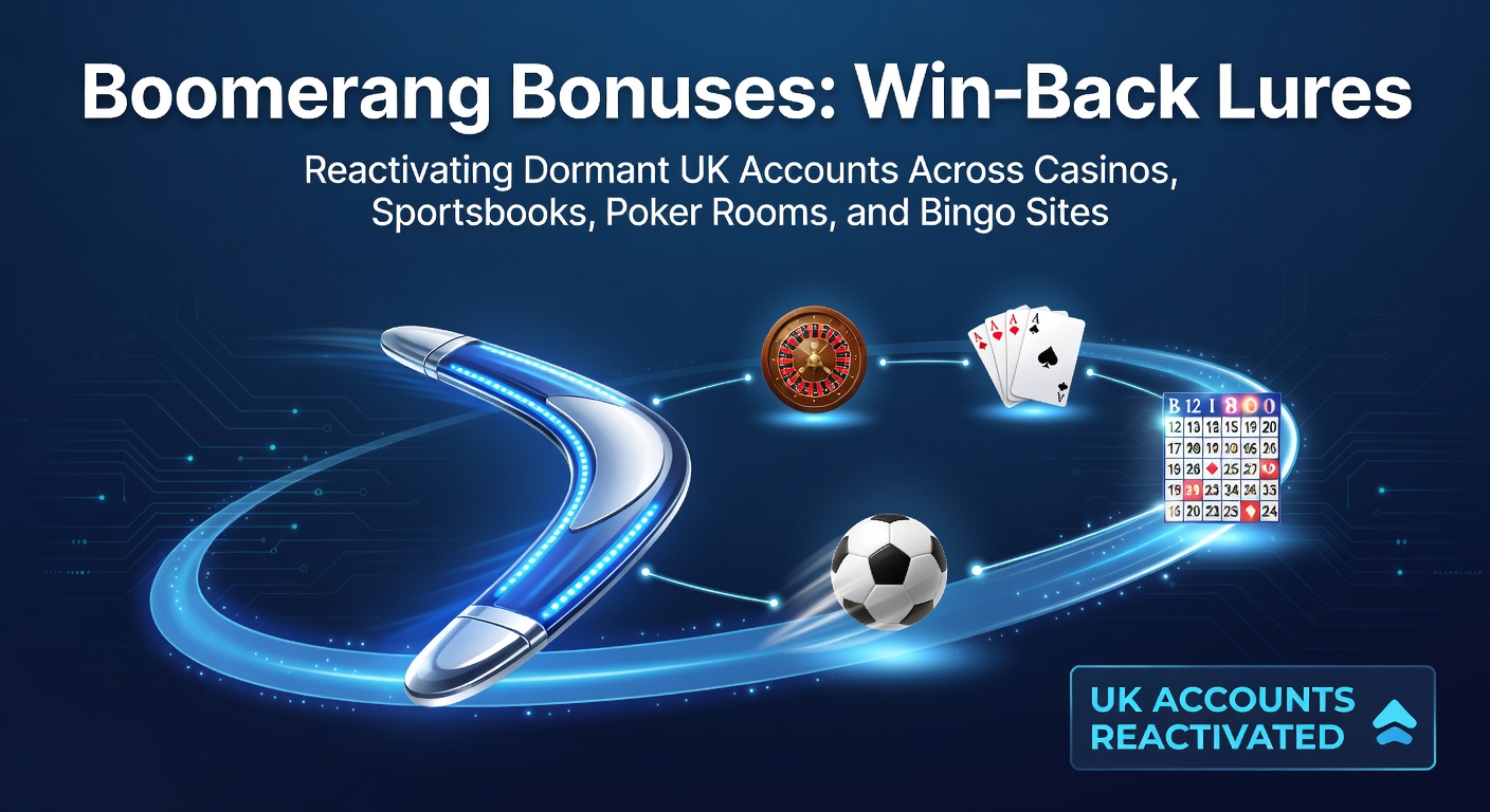 Illustration of a boomerang shaped like a casino chip returning to a dormant account dashboard, symbolizing win-back reactivation in UK gambling platforms