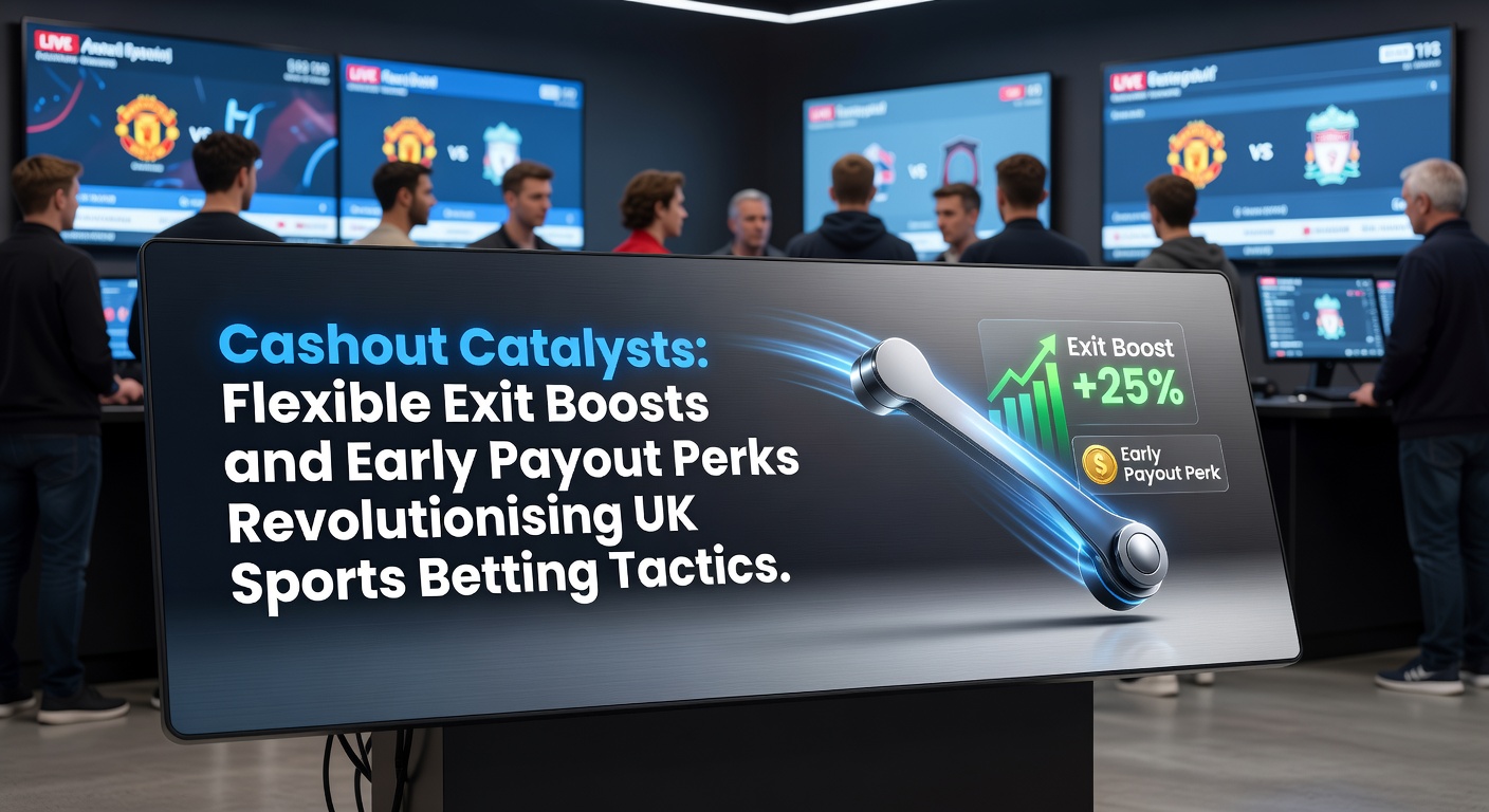 Digital graphic showing a sports bettor activating a cashout button on a mobile app during a live football match, with glowing exit paths and profit locks highlighted
