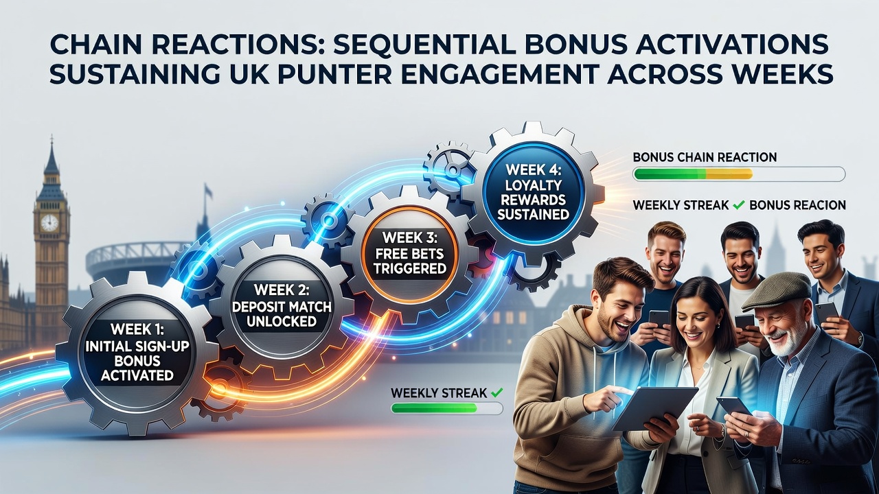 Visual representation of sequential bonus chains linking daily activations to weekly player retention in UK gambling platforms