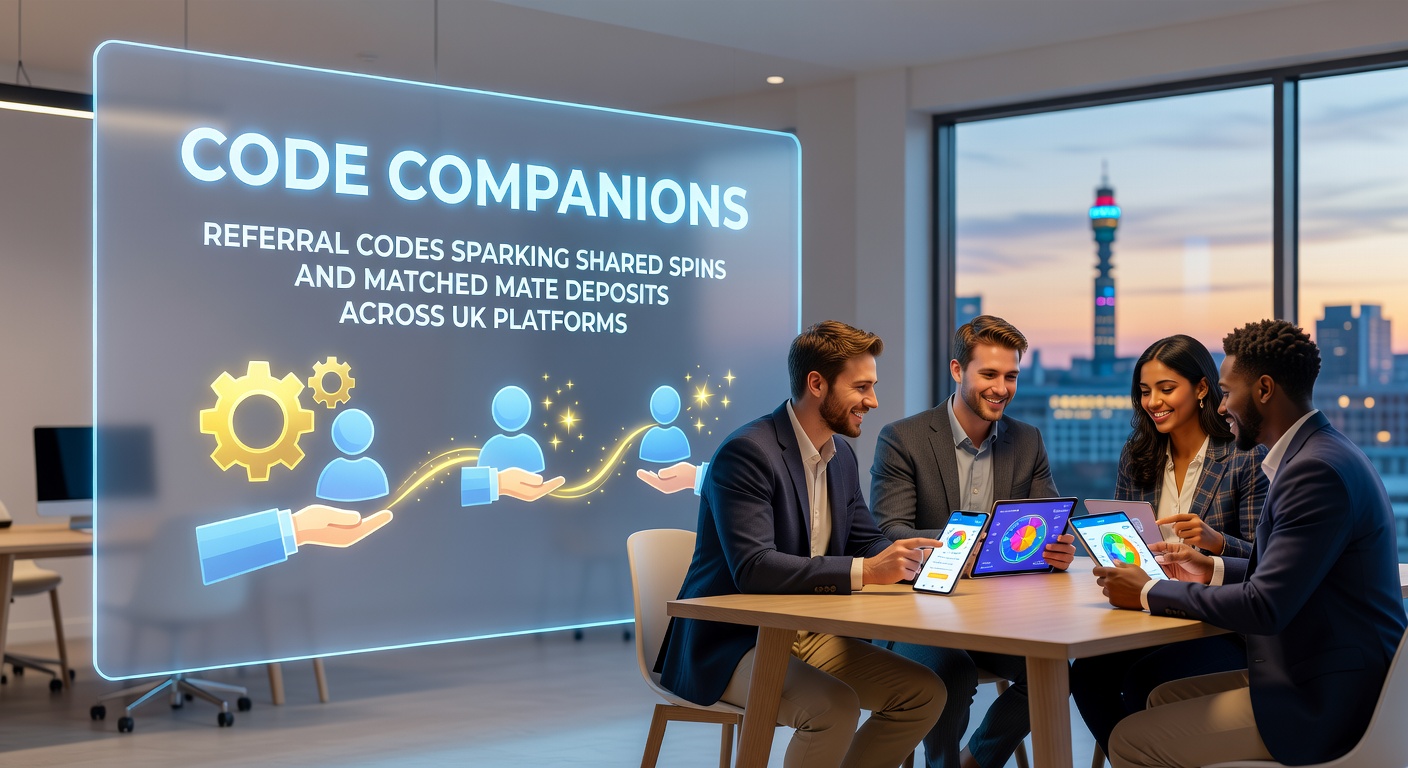 Group of diverse UK friends celebrating wins on a shared screen, with referral code notifications popping up