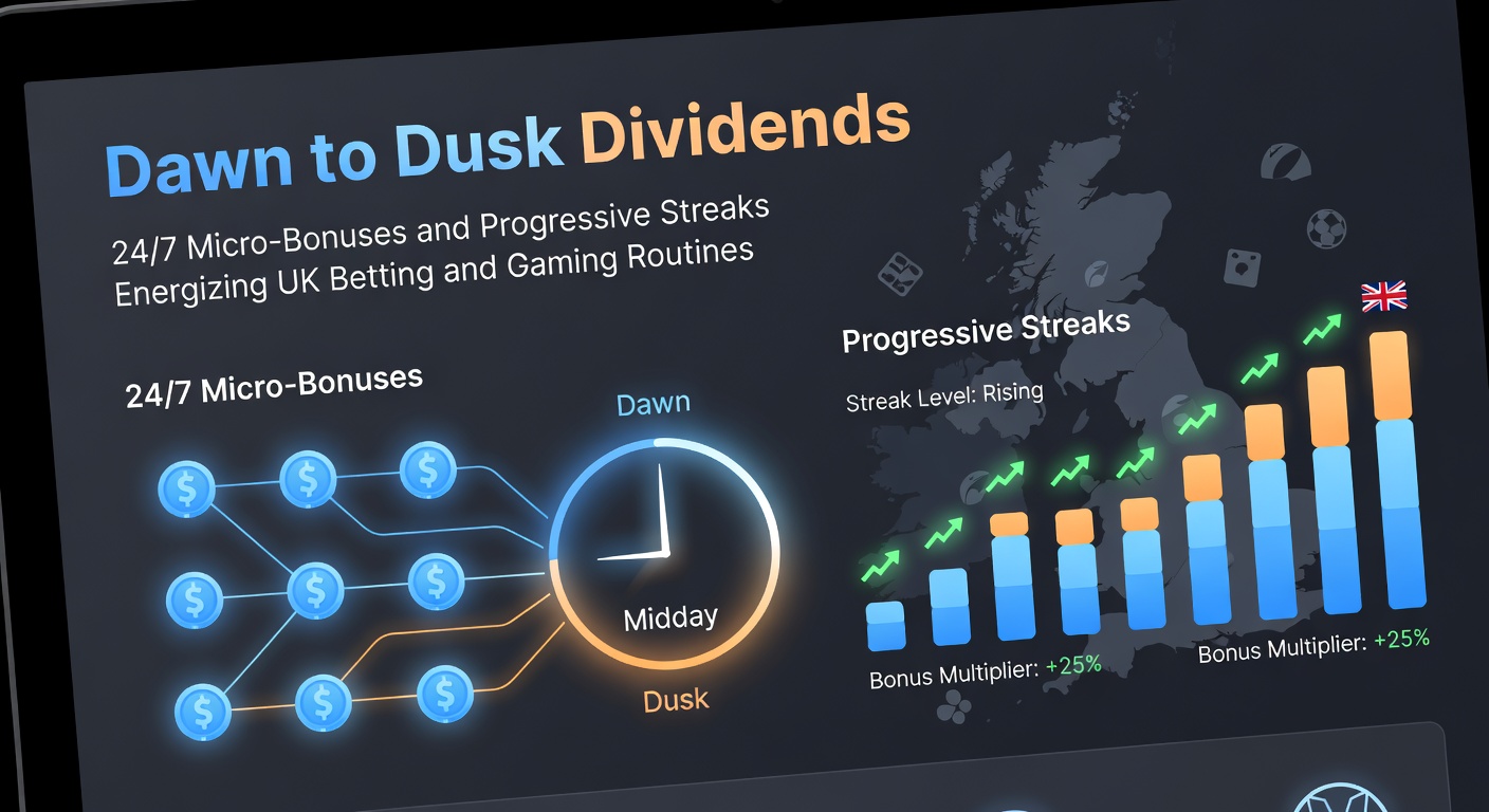 Vibrant digital clock showing seamless day-to-night transitions with cascading bonus icons and streak meters lighting up betting interfaces
