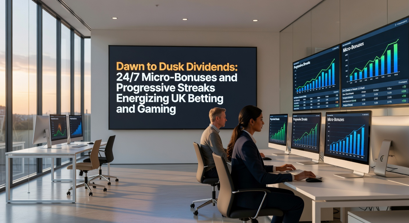 Dynamic streak progress bar filling from morning coffee bets to evening poker tables, with glowing dividend icons raining down across a 24-hour timeline