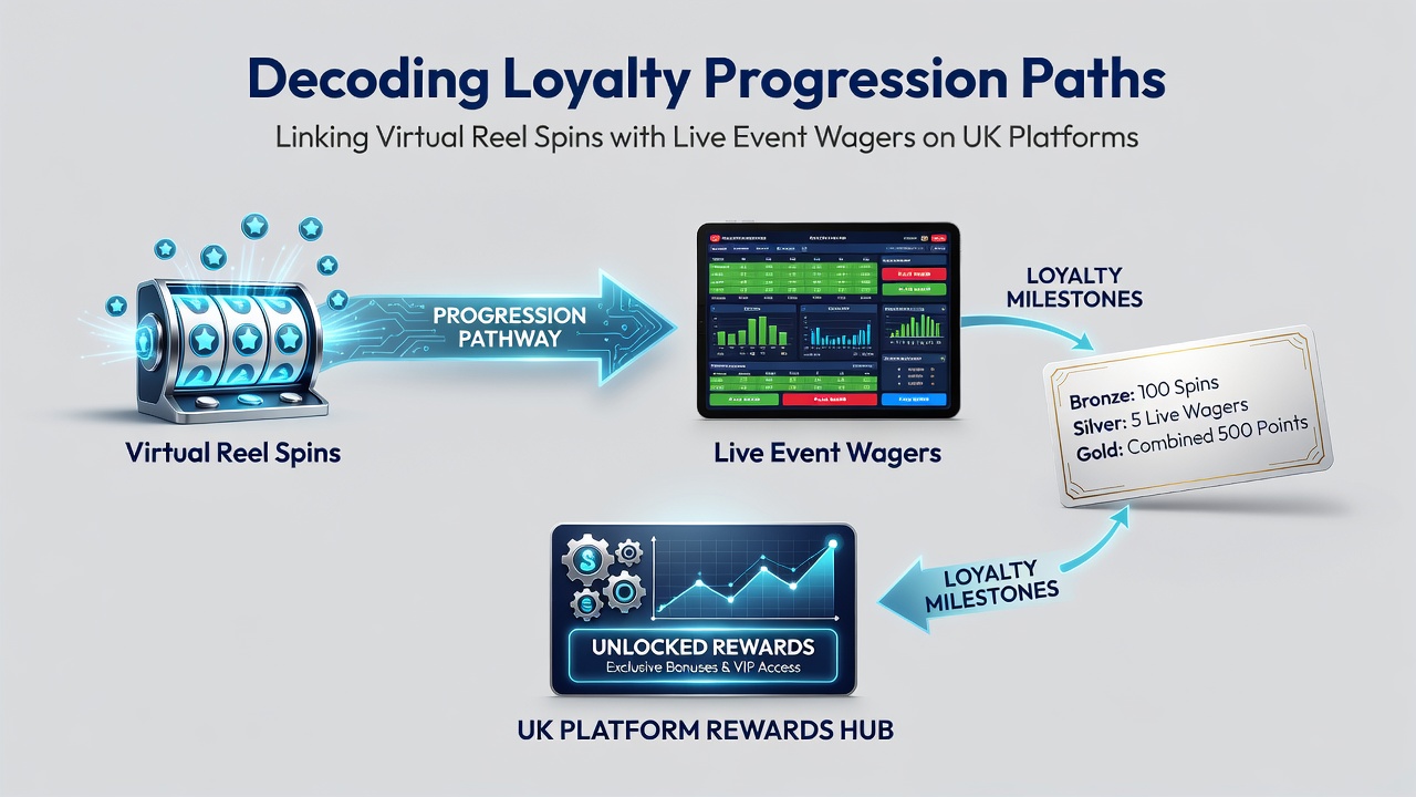 Split-screen view of a loyalty app displaying reel spin history on one side and live sports wager outcomes on the other with shared tier meter
