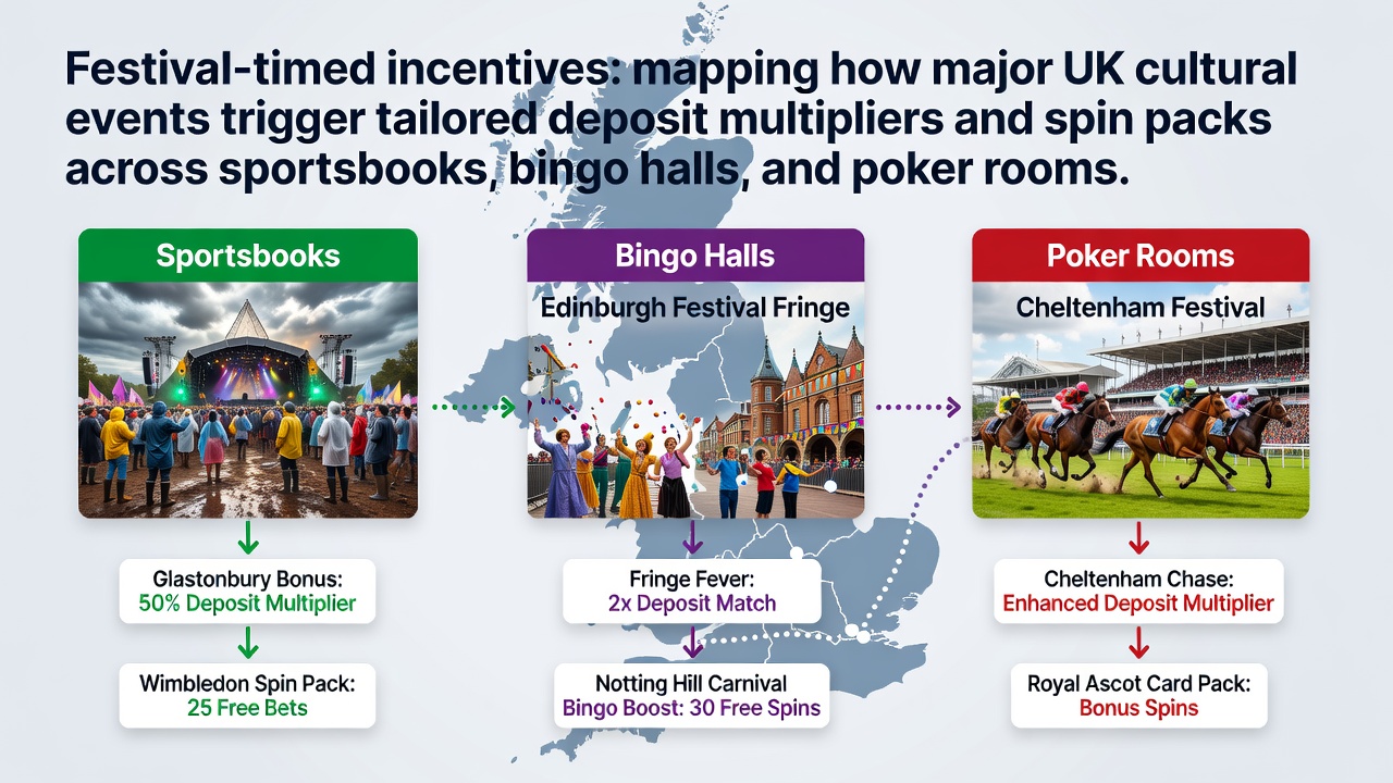 UK cultural festival scene with promotional overlays showing deposit bonuses and spin packs on digital betting interfaces