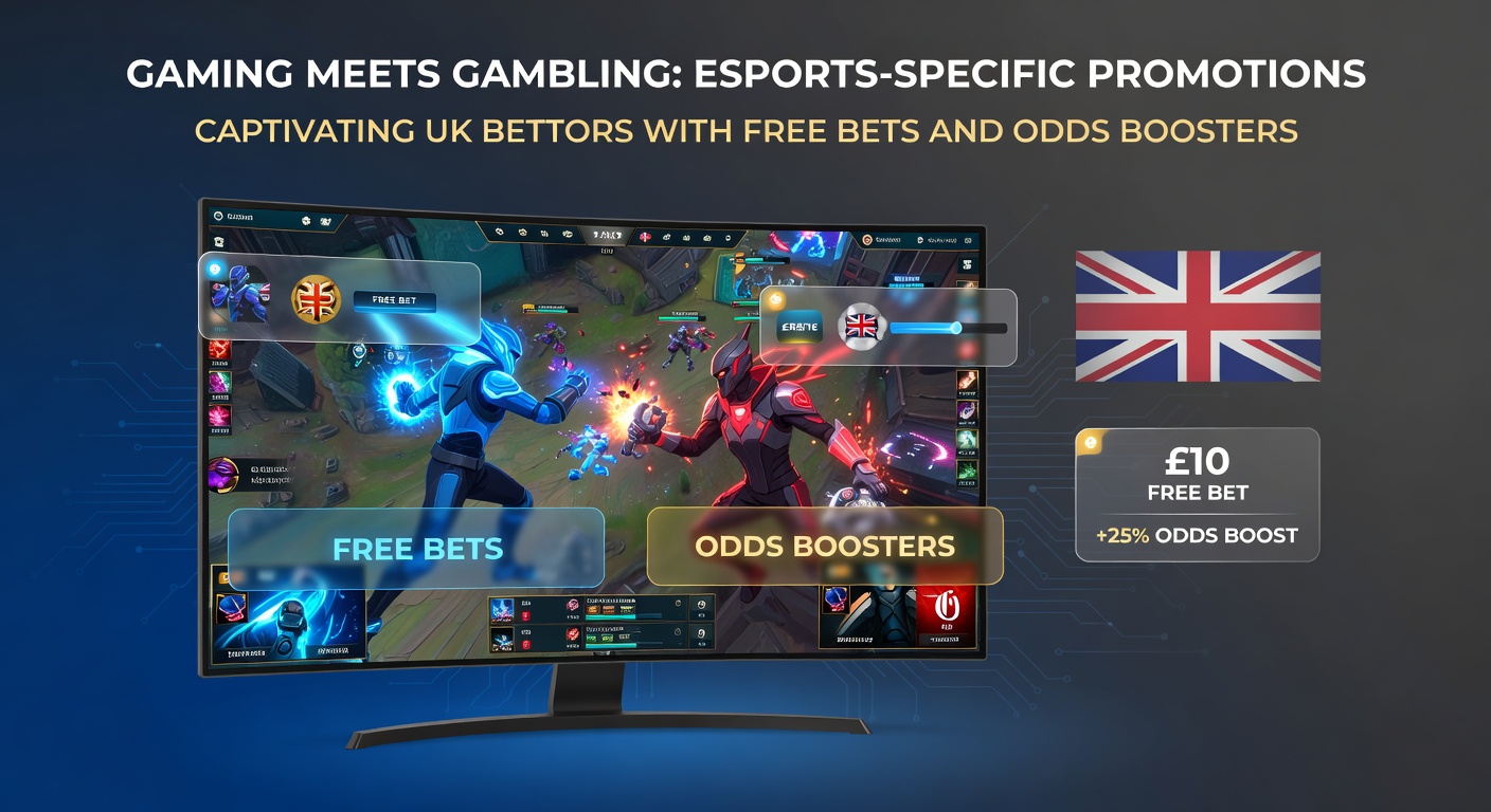 Vibrant esports arena with glowing screens displaying betting odds and free bet promotions overlayed on competitive gaming action