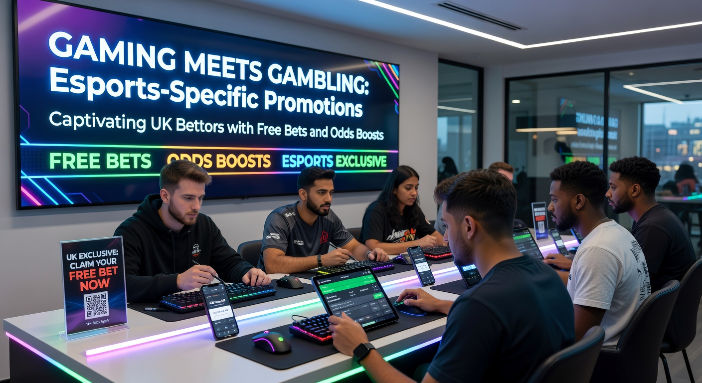 UK bettor on mobile device reviewing esports odds boosters during a live League of Legends tournament, with promotional banners highlighting free bets