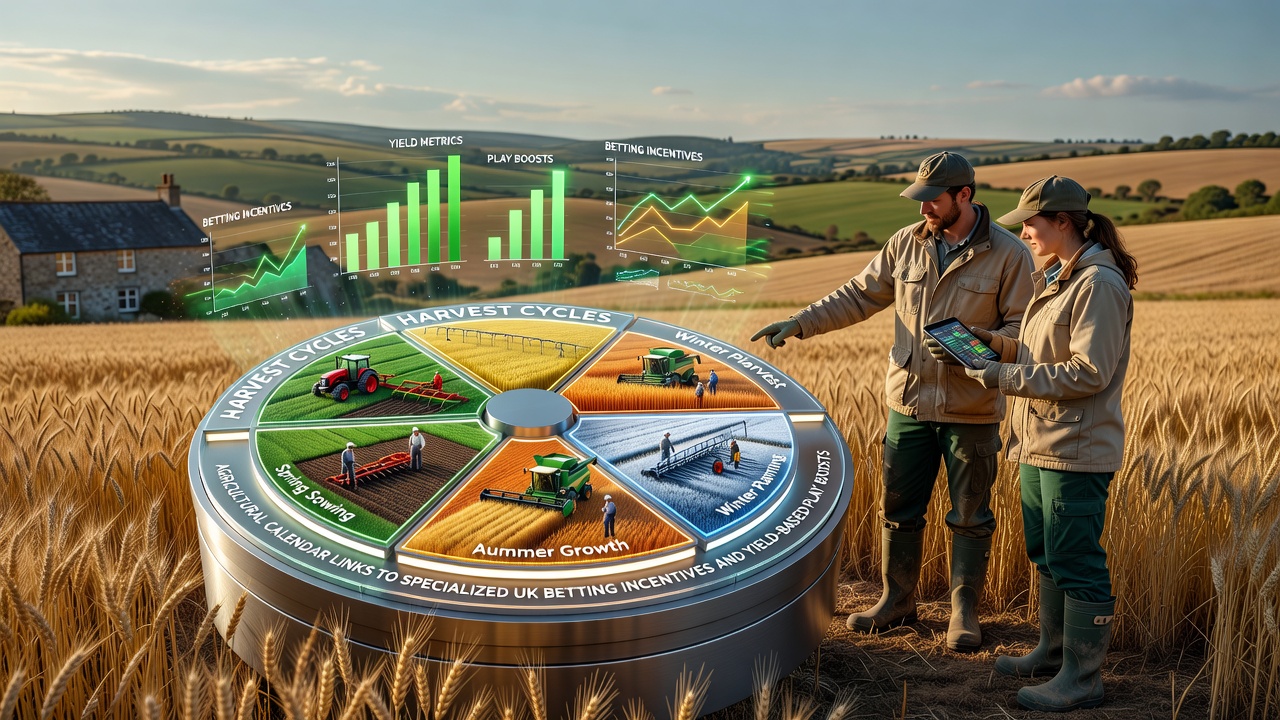 UK farmland during harvest season with betting promotion overlays showing seasonal incentives tied to crop cycles