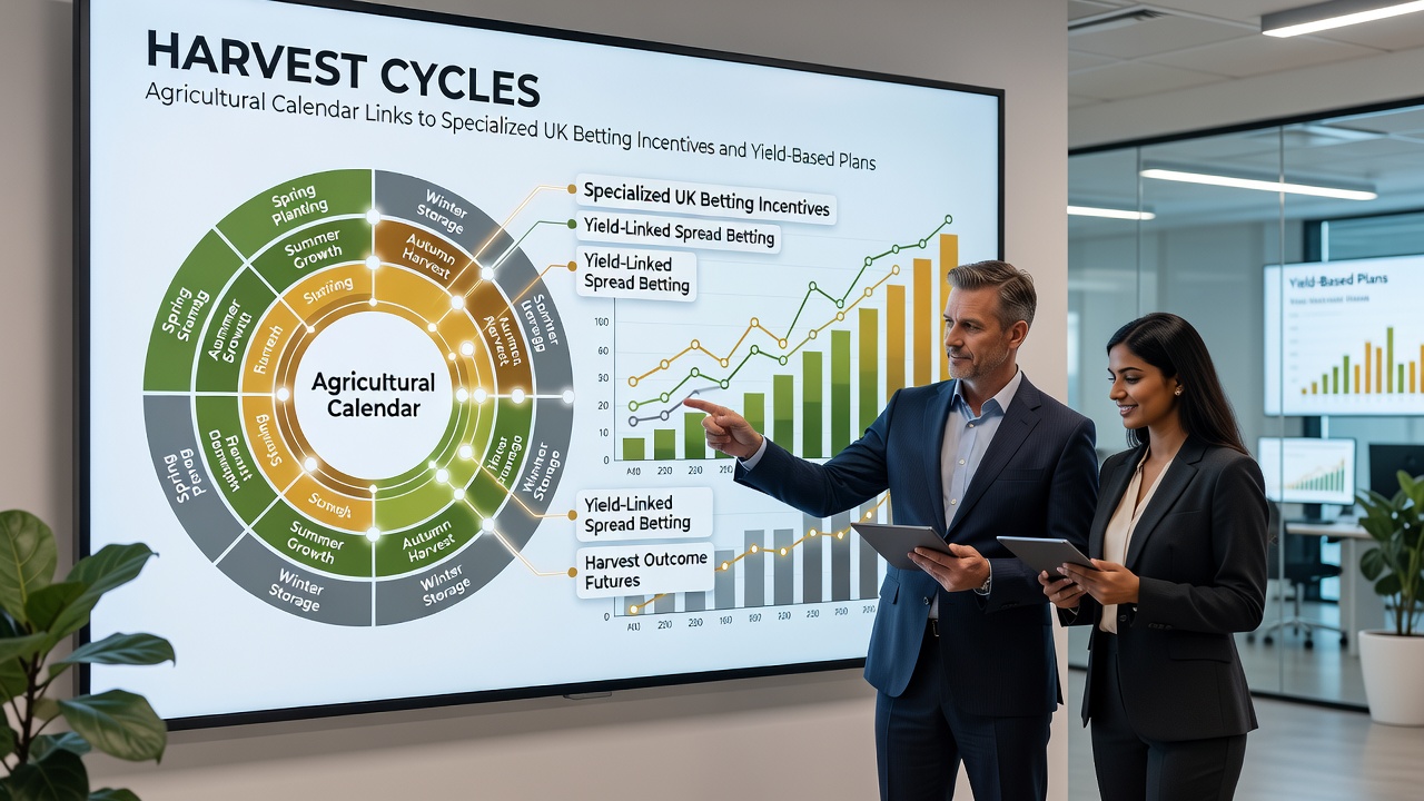 Infographic displaying UK agricultural harvest timeline overlaid with betting bonus activation periods and yield multipliers
