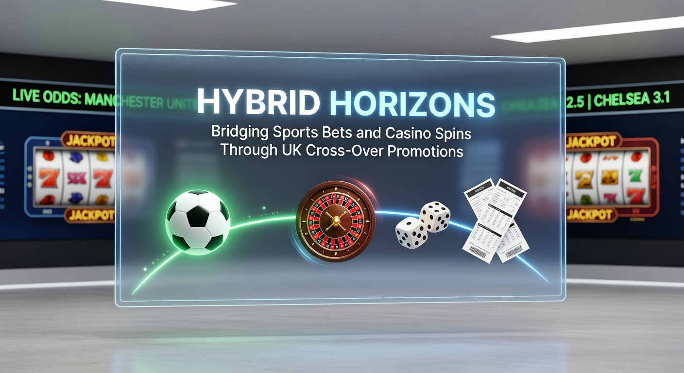 Vibrant digital display showing intertwined sports betting odds and casino slot reels, symbolizing cross-over promotions in the UK gambling scene