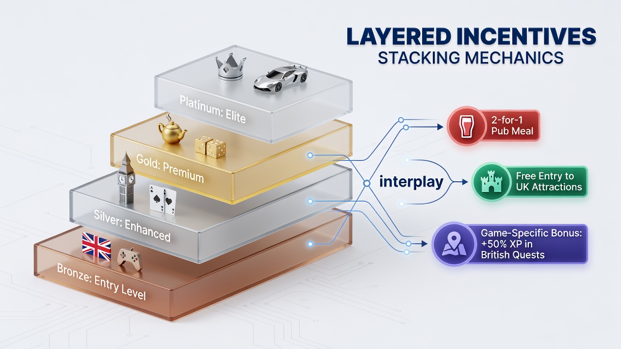 Diagram showing how loyalty tiers stack points and multipliers across different UK gambling categories