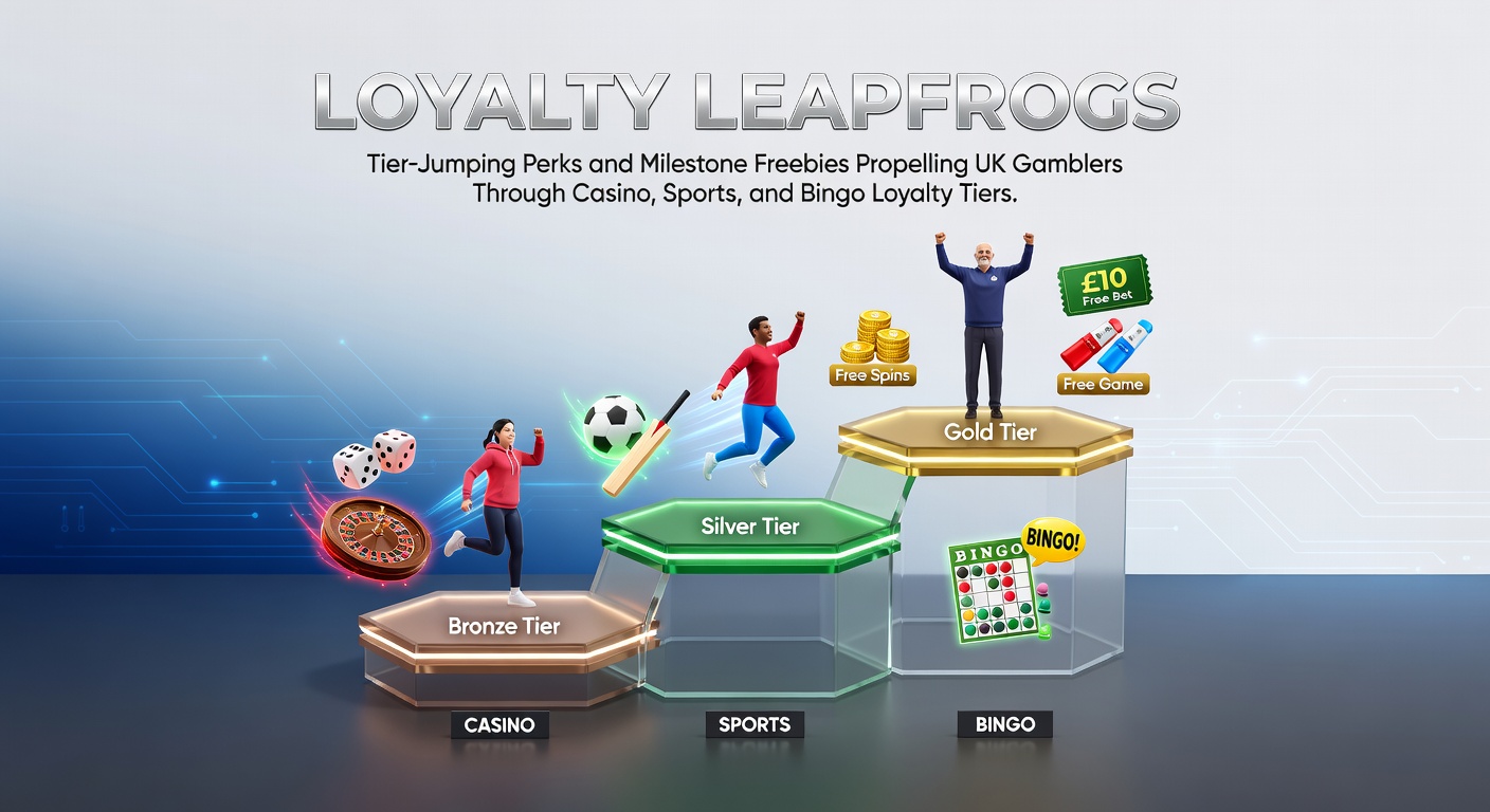 UK gambler advancing through loyalty tiers on a casino app, with tier icons lighting up progressively