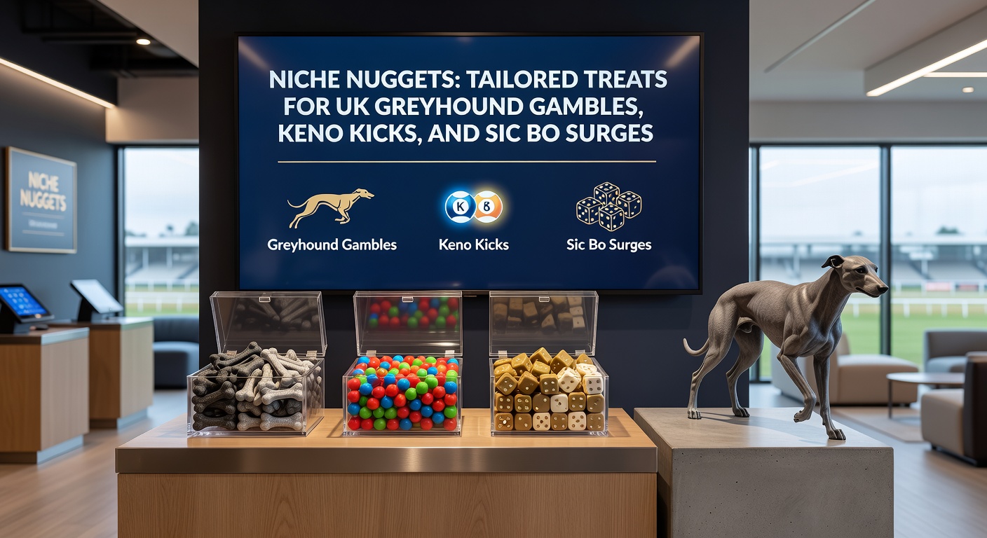 Close-up of colorful Keno tickets marked with winning numbers next to Sic Bo dice showing triple sixes on a velvet table, with a greyhound silhouette in the background, highlighting tailored bonus opportunities in these UK niche games