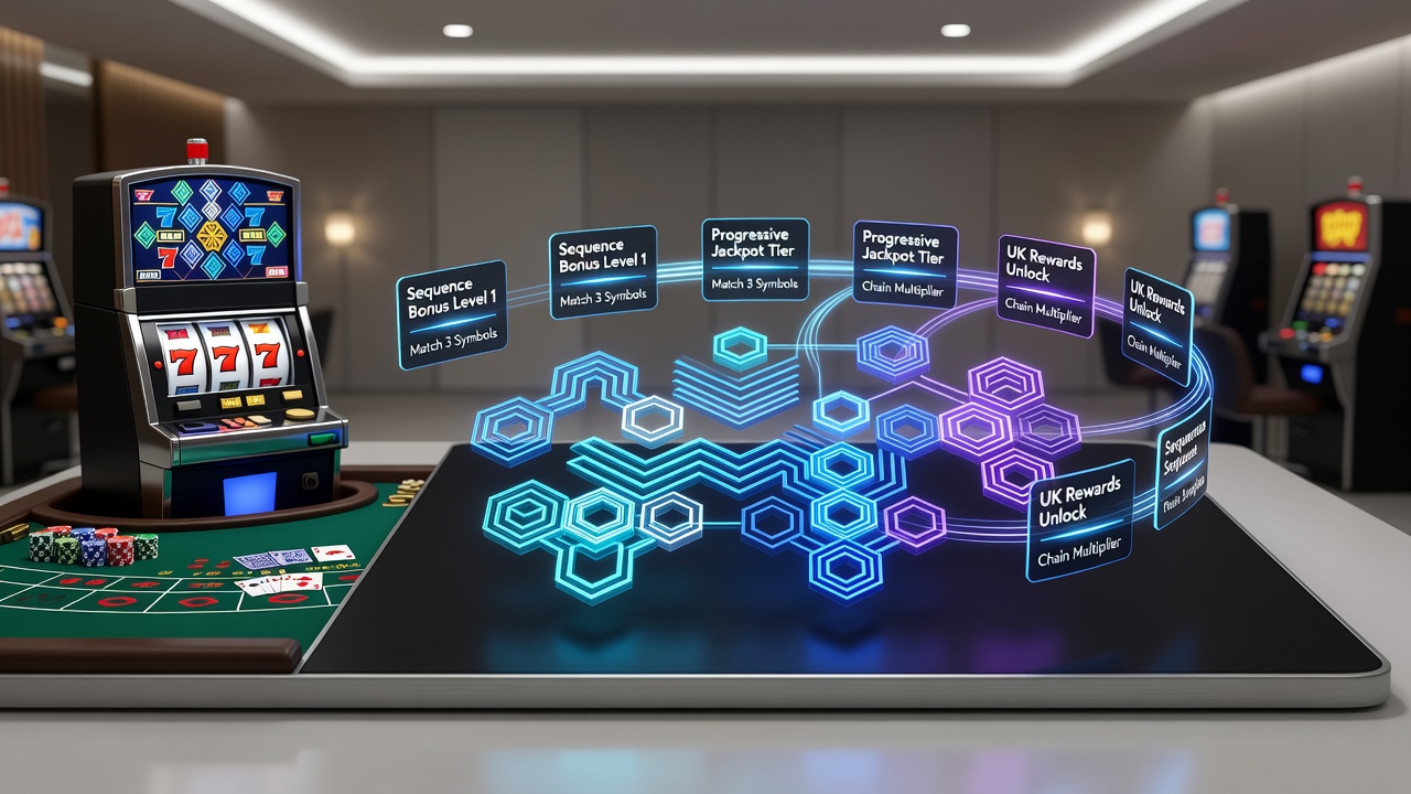 Diagram showing progressive reward tiers unlocked via recurring patterns in UK table games