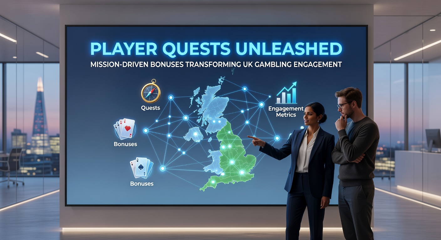 Dynamic player quest dashboard on a UK betting app, showing active missions, progress trackers, and bonus rewards amid football fixtures and casino games