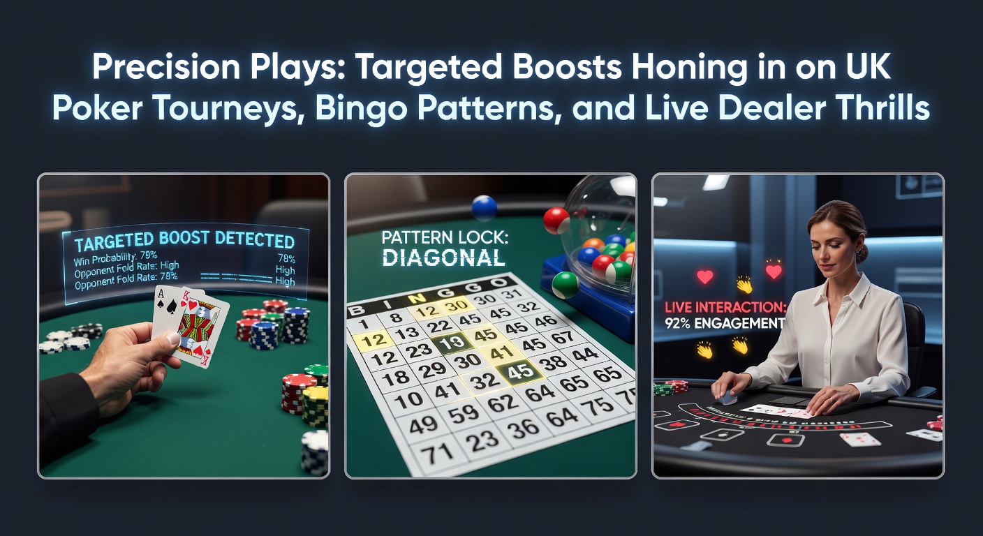 Dynamic scene from a UK online poker tournament with players competing for targeted boosts amid bingo halls and live dealer tables in the background