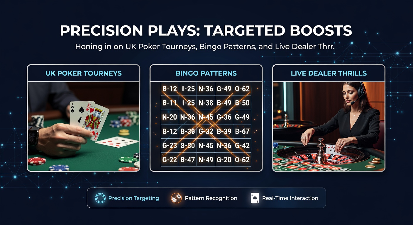 Vibrant bingo hall illustration showing targeted pattern boosts lighting up cards during a UK online session with poker and live dealer elements nearby
