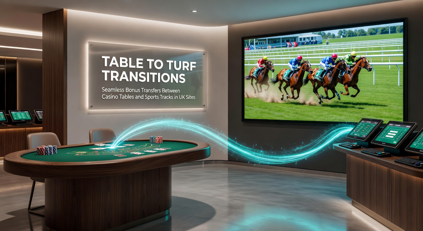 Digital interface showing a casino table game transitioning to a sports betting track with bonus icons flowing between them on a UK gambling site