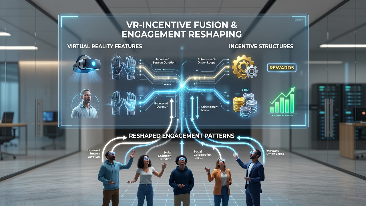 Immersive casino floor where British users interact with floating incentive structures and progressive reward elements in a virtual setting