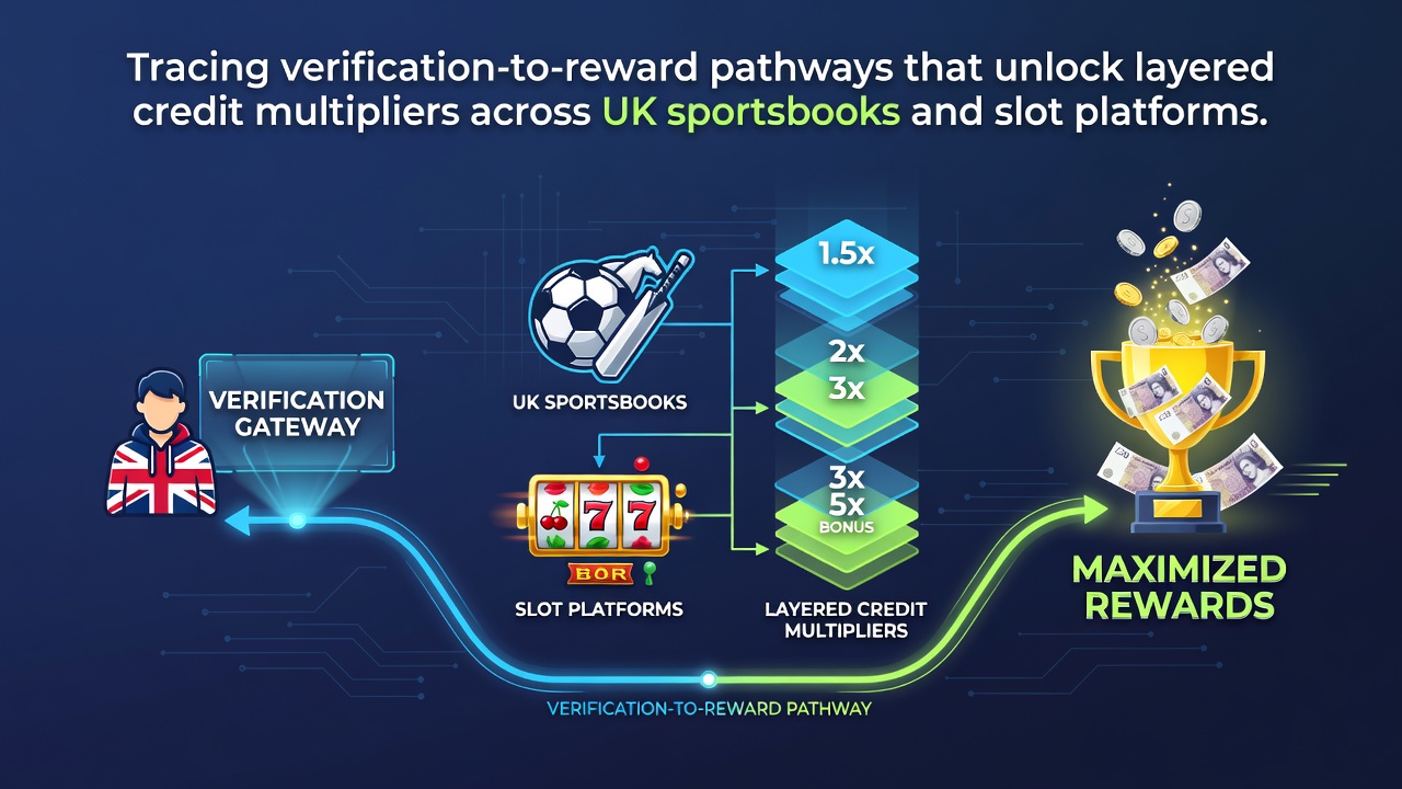 Flowchart illustrating verification steps leading to reward unlocks and credit multipliers on UK sportsbooks and slot platforms