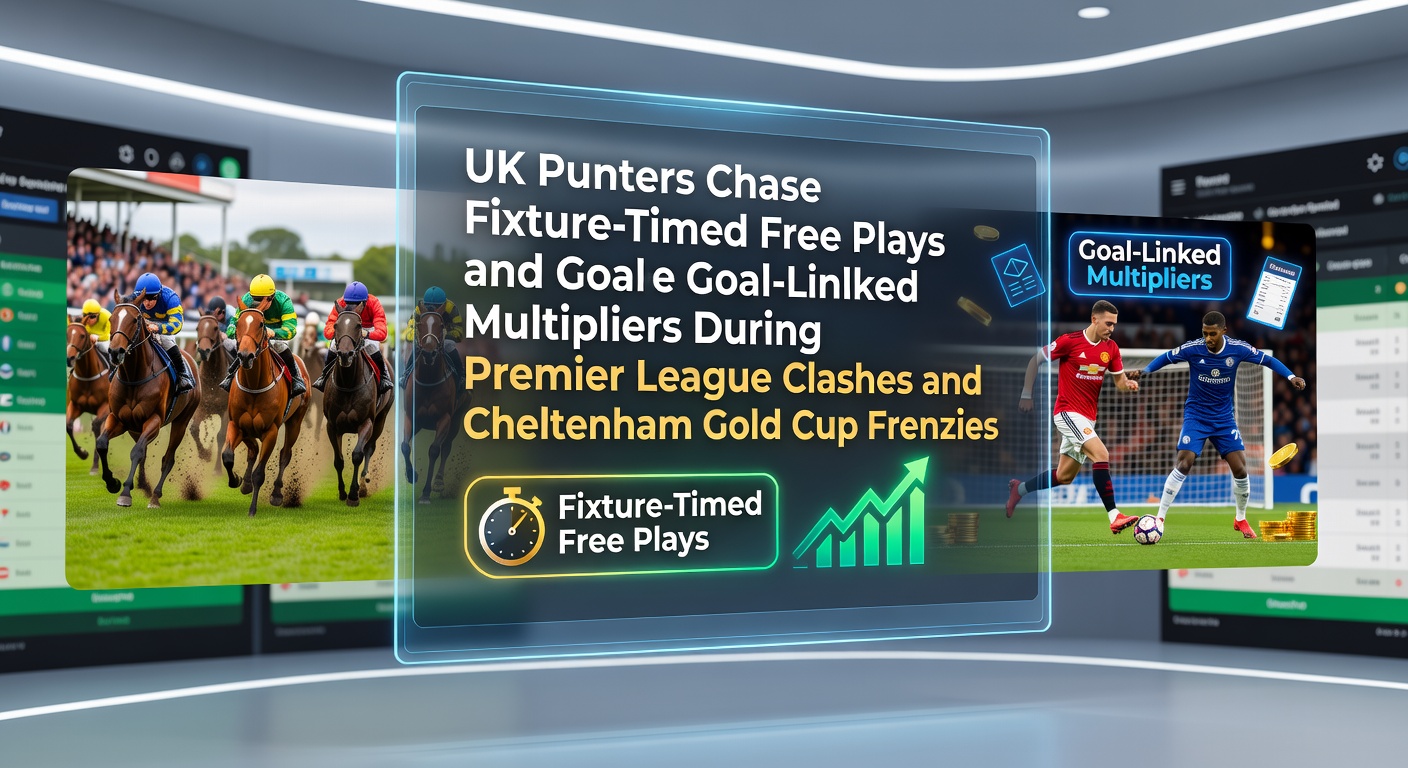 Crowd of UK punters at a Premier League match, cheering as multipliers activate on betting slips during a goal frenzy