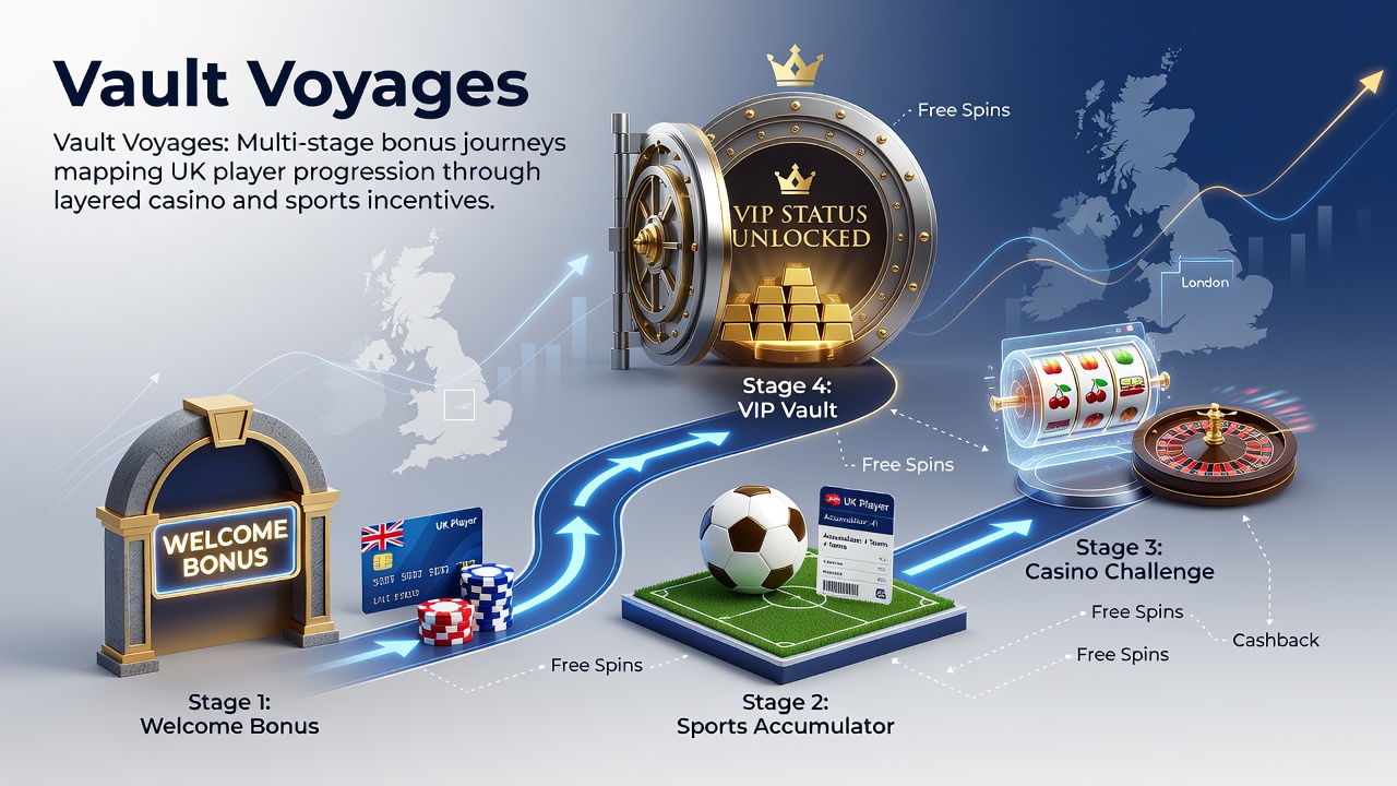 Illustration of a vault voyage journey showing layered bonus stages for UK casino and sports players