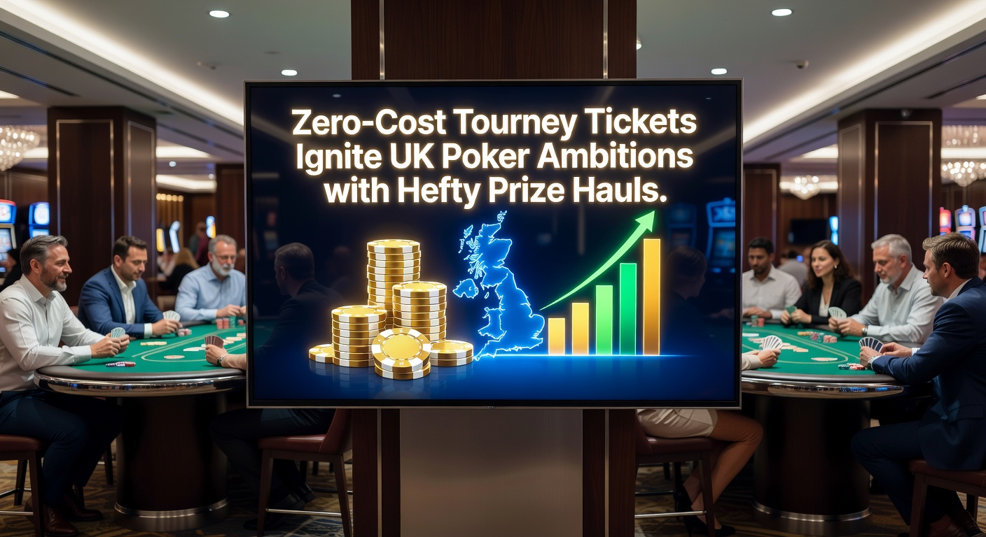 Vibrant poker tournament scene with players at felt tables competing for massive prize pools under bright lights, highlighting the excitement of free-entry events